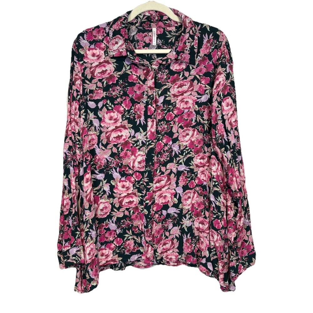 Passports Button Down Blouse Large‎ Pink Black Floral Print Long Sleeve Shirt